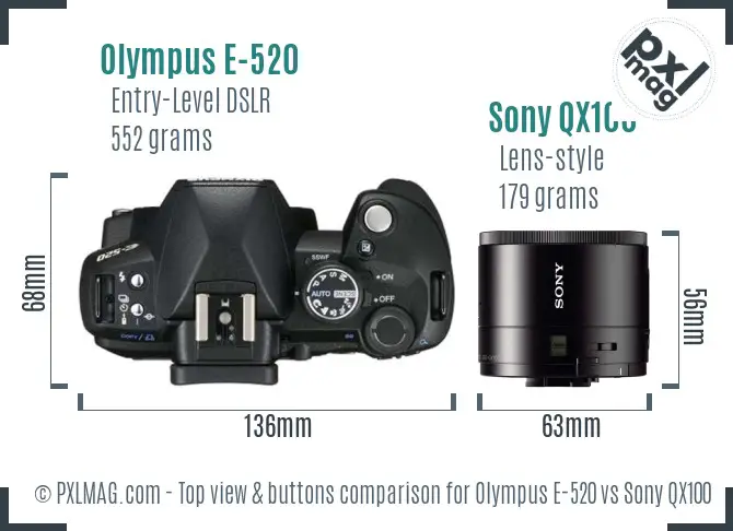 Olympus E-520 vs Sony QX100 top view buttons comparison