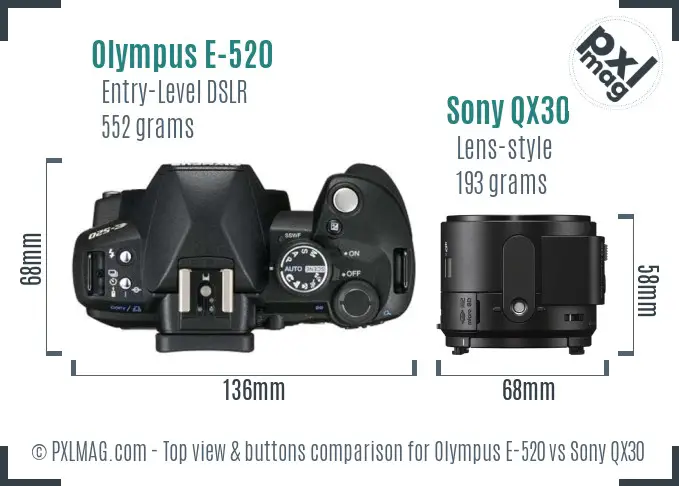 Olympus E-520 vs Sony QX30 top view buttons comparison