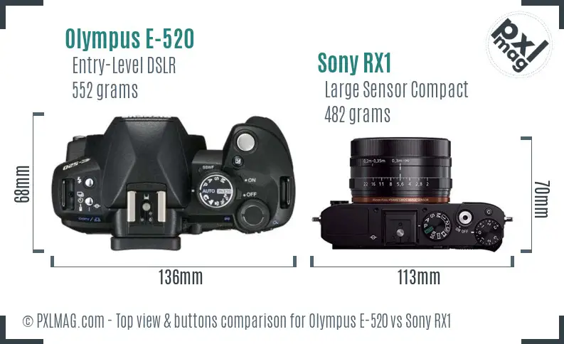 Olympus E-520 vs Sony RX1 top view buttons comparison