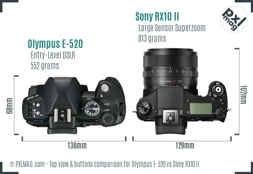 Olympus E-520 vs Sony RX10 II top view buttons comparison