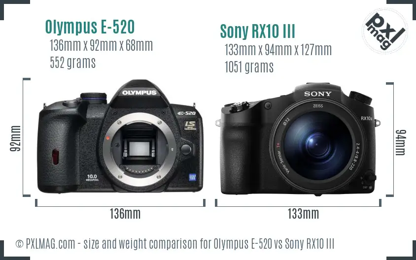 Olympus E-520 vs Sony RX10 III size comparison