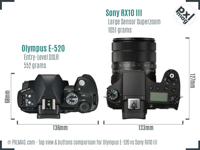 Olympus E-520 vs Sony RX10 III top view buttons comparison