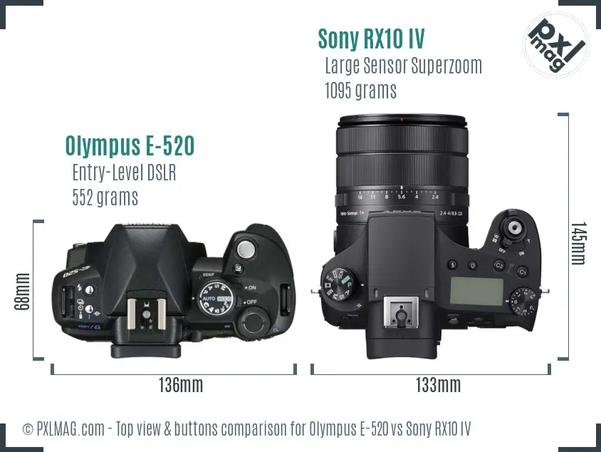 Olympus E-520 vs Sony RX10 IV top view buttons comparison