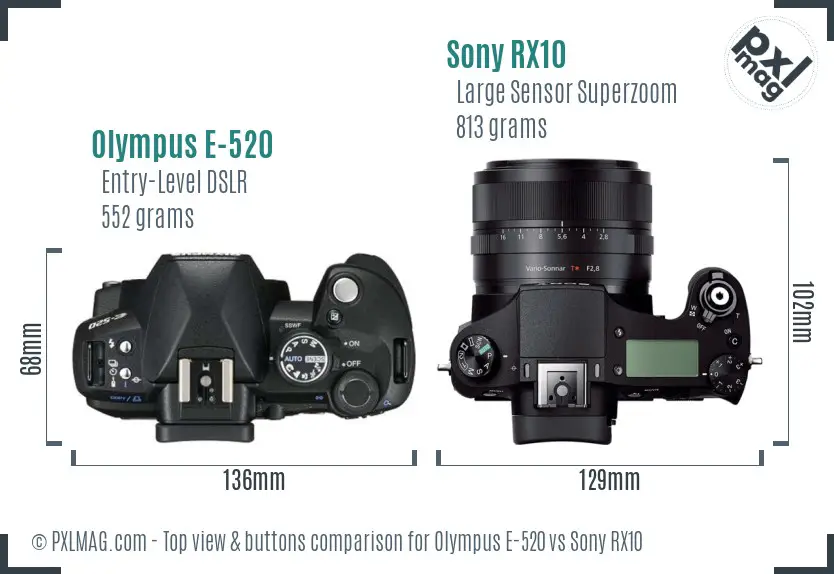Olympus E-520 vs Sony RX10 top view buttons comparison