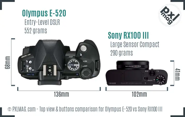 Olympus E-520 vs Sony RX100 III top view buttons comparison