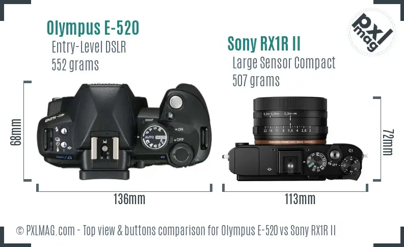 Olympus E-520 vs Sony RX1R II top view buttons comparison