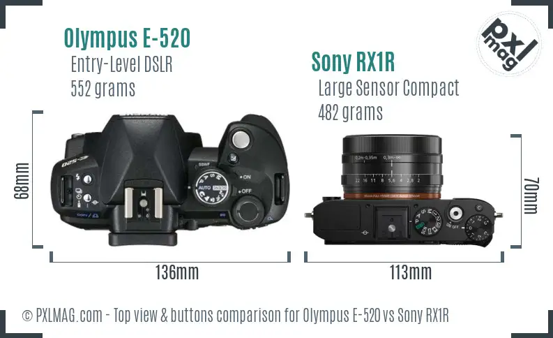 Olympus E-520 vs Sony RX1R top view buttons comparison