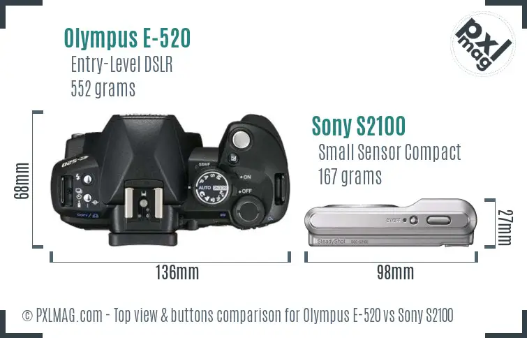 Olympus E-520 vs Sony S2100 top view buttons comparison