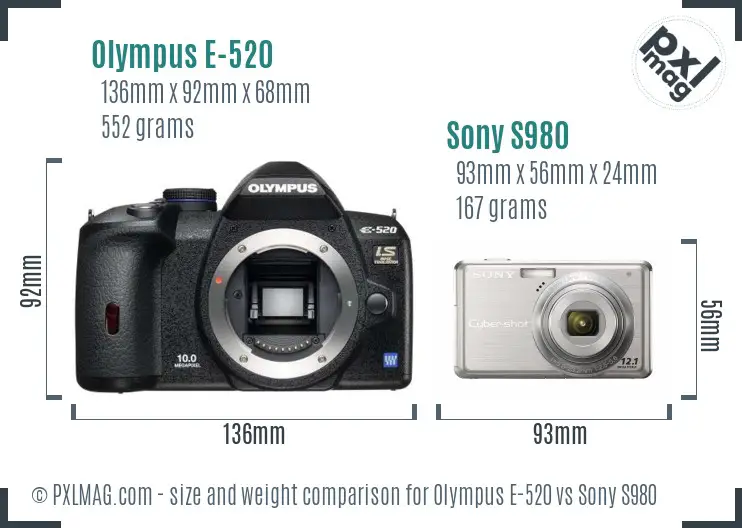 Olympus E-520 vs Sony S980 size comparison Olympus E-520 vs Sony S980 size comparison