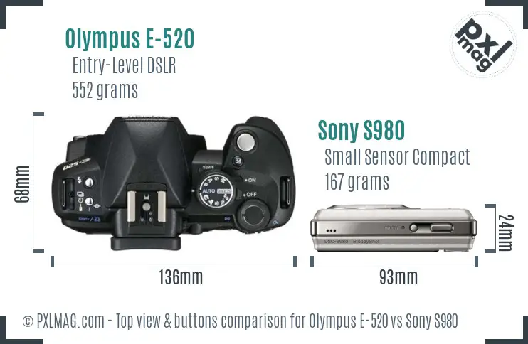 Olympus E-520 vs Sony S980 top view buttons comparison Olympus E-520 vs Sony S980 top view buttons comparison