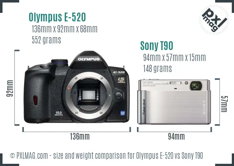 Olympus E-520 vs Sony T90 size comparison