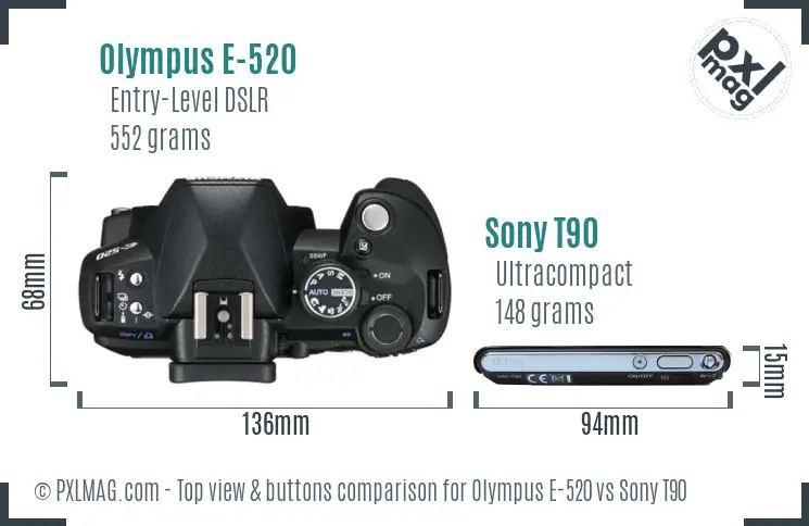 Olympus E-520 vs Sony T90 top view buttons comparison