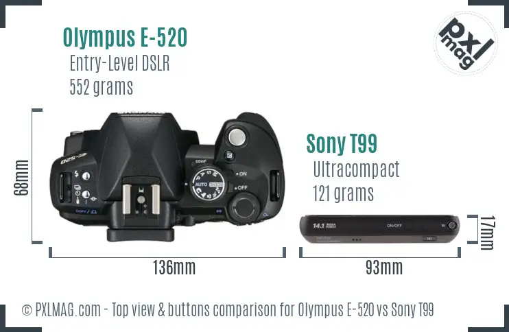 Olympus E-520 vs Sony T99 top view buttons comparison Olympus E-520 vs Sony T99 top view buttons comparison