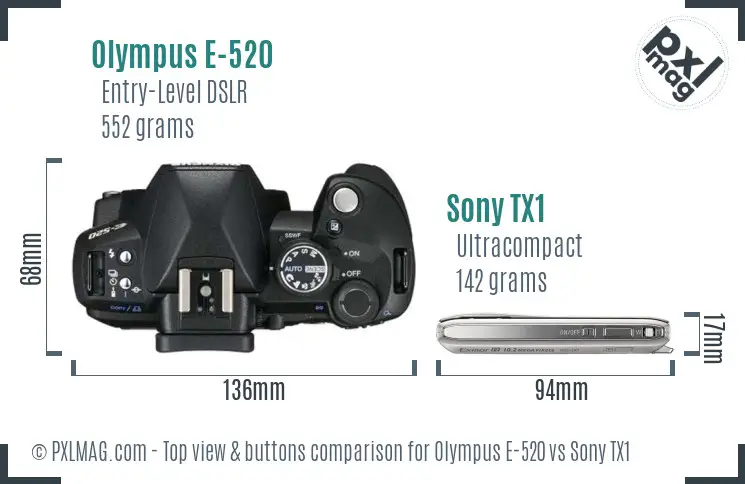 Olympus E-520 vs Sony TX1 top view buttons comparison Olympus E-520 vs Sony TX1 top view buttons comparison