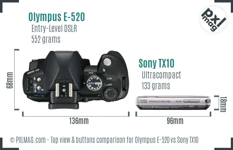 Olympus E-520 vs Sony TX10 top view buttons comparison