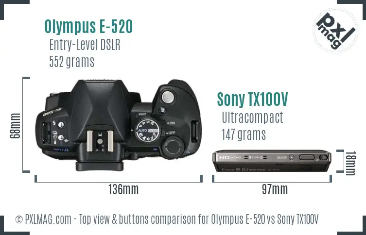 Olympus E-520 vs Sony TX100V top view buttons comparison