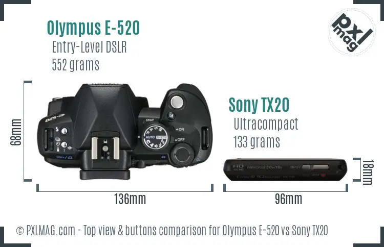 Olympus E-520 vs Sony TX20 top view buttons comparison Olympus E-520 vs Sony TX20 top view buttons comparison