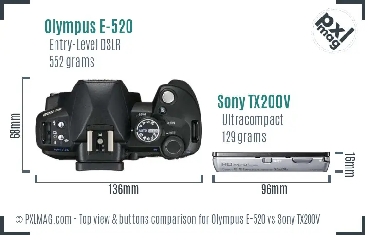 Olympus E-520 vs Sony TX200V top view buttons comparison
