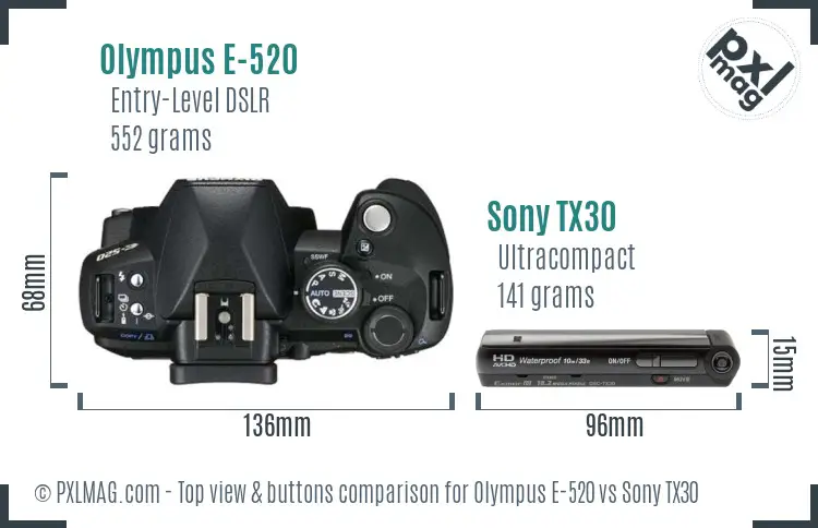 Olympus E-520 vs Sony TX30 top view buttons comparison