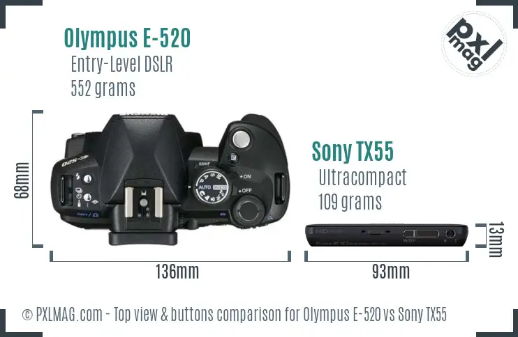 Olympus E-520 vs Sony TX55 top view buttons comparison