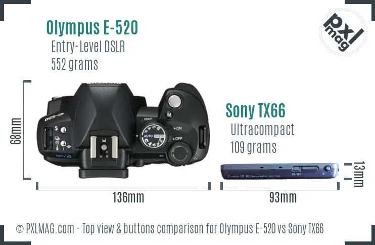 Olympus E-520 vs Sony TX66 top view buttons comparison Olympus E-520 vs Sony TX66 top view buttons comparison