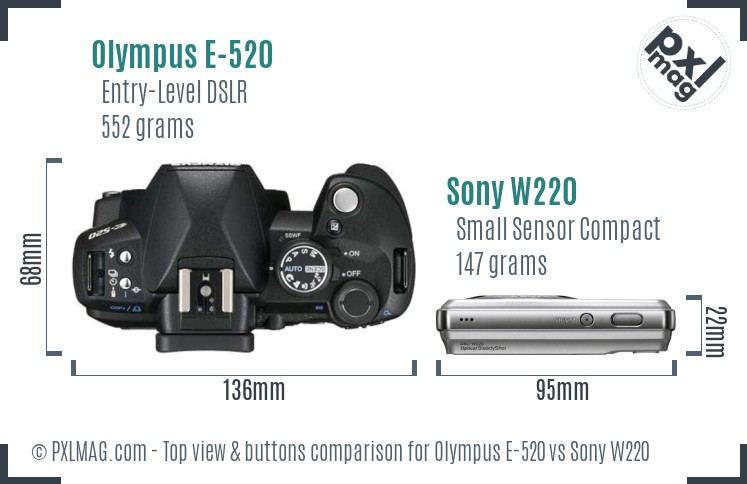 Olympus E-520 vs Sony W220 top view buttons comparison