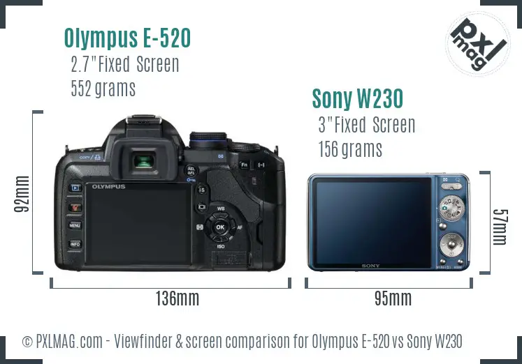 Olympus E-520 vs Sony W230 Screen and Viewfinder comparison