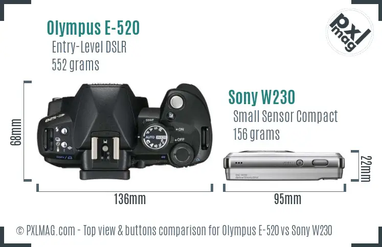 Olympus E-520 vs Sony W230 top view buttons comparison