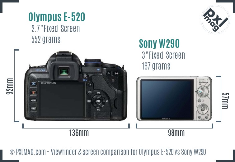 Olympus E-520 vs Sony W290 Screen and Viewfinder comparison