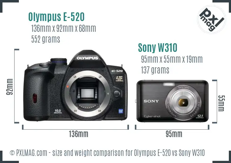 Olympus E-520 vs Sony W310 size comparison Olympus E-520 vs Sony W310 size comparison