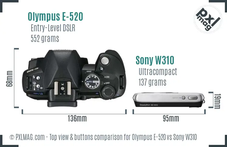 Olympus E-520 vs Sony W310 top view buttons comparison Olympus E-520 vs Sony W310 top view buttons comparison
