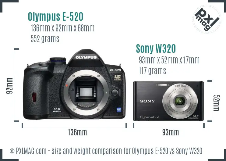 Olympus E-520 vs Sony W320 size comparison