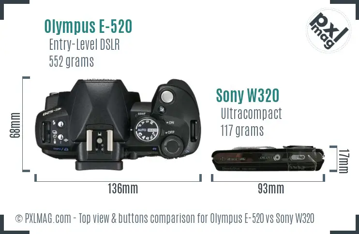 Olympus E-520 vs Sony W320 top view buttons comparison