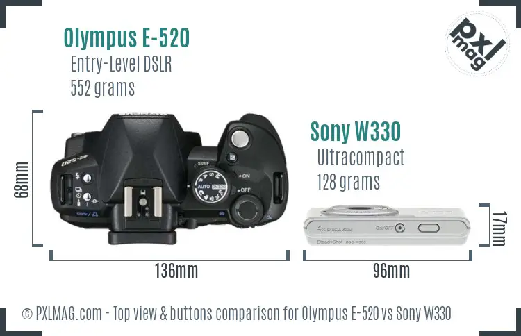 Olympus E-520 vs Sony W330 top view buttons comparison Olympus E-520 vs Sony W330 top view buttons comparison