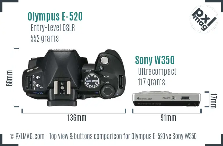 Olympus E-520 vs Sony W350 top view buttons comparison