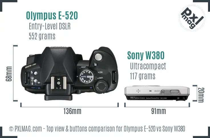 Olympus E-520 vs Sony W380 top view buttons comparison
