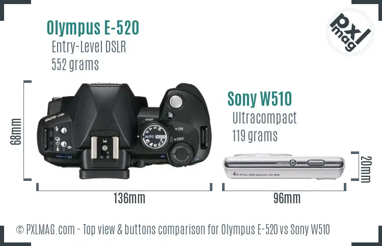 Olympus E-520 vs Sony W510 top view buttons comparison