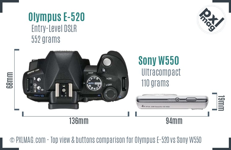 Olympus E-520 vs Sony W550 top view buttons comparison