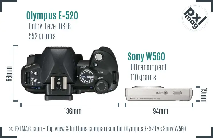 Olympus E-520 vs Sony W560 top view buttons comparison