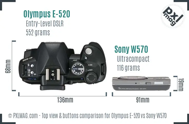 Olympus E-520 vs Sony W570 top view buttons comparison Olympus E-520 vs Sony W570 top view buttons comparison