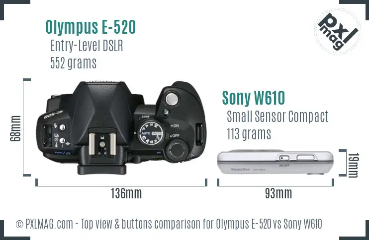 Olympus E-520 vs Sony W610 top view buttons comparison