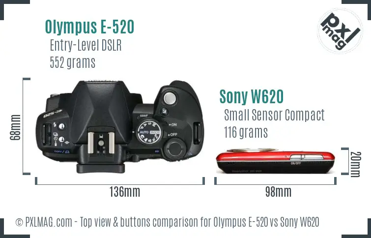 Olympus E-520 vs Sony W620 top view buttons comparison