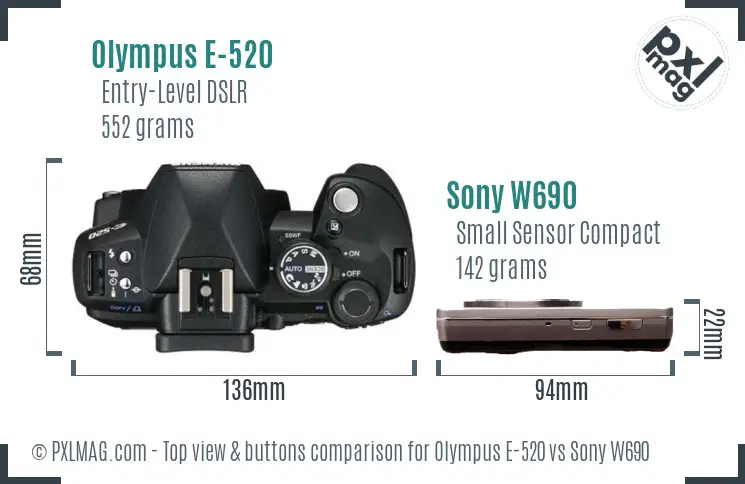 Olympus E-520 vs Sony W690 top view buttons comparison