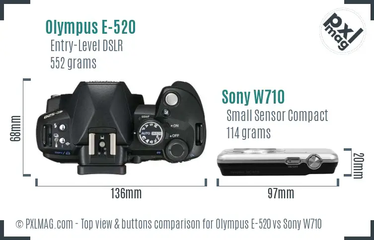 Olympus E-520 vs Sony W710 top view buttons comparison