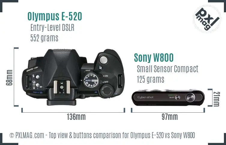 Olympus E-520 vs Sony W800 top view buttons comparison