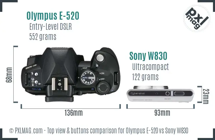 Olympus E-520 vs Sony W830 top view buttons comparison