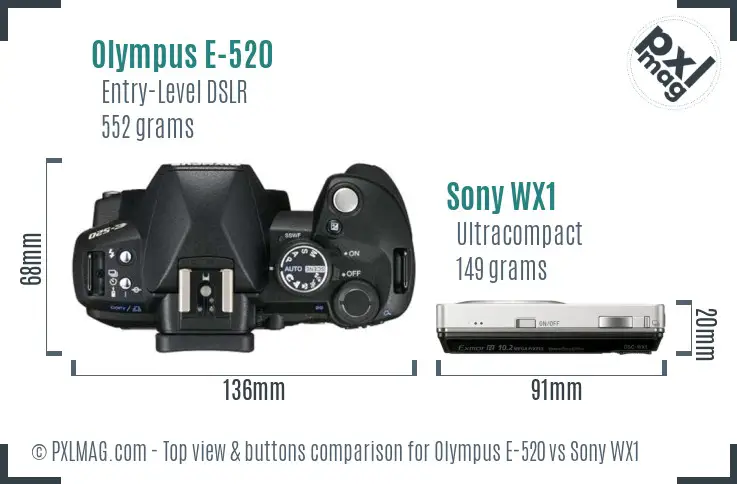 Olympus E-520 vs Sony WX1 top view buttons comparison
