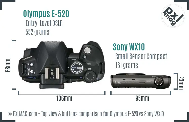 Olympus E-520 vs Sony WX10 top view buttons comparison