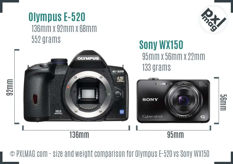 Olympus E-520 vs Sony WX150 size comparison
