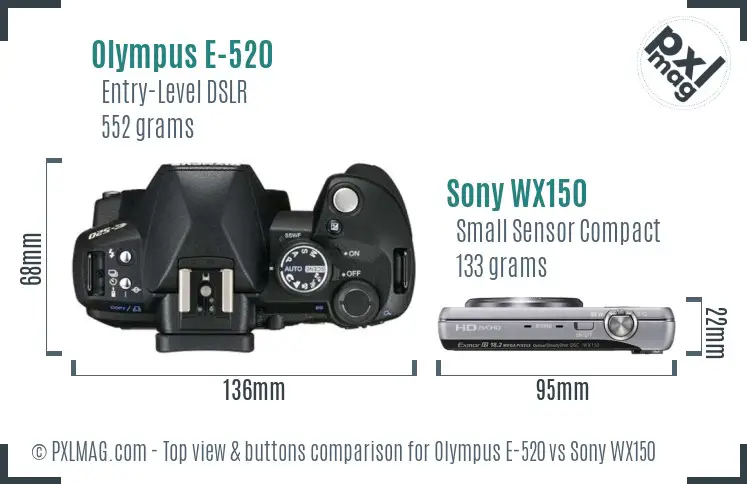 Olympus E-520 vs Sony WX150 top view buttons comparison